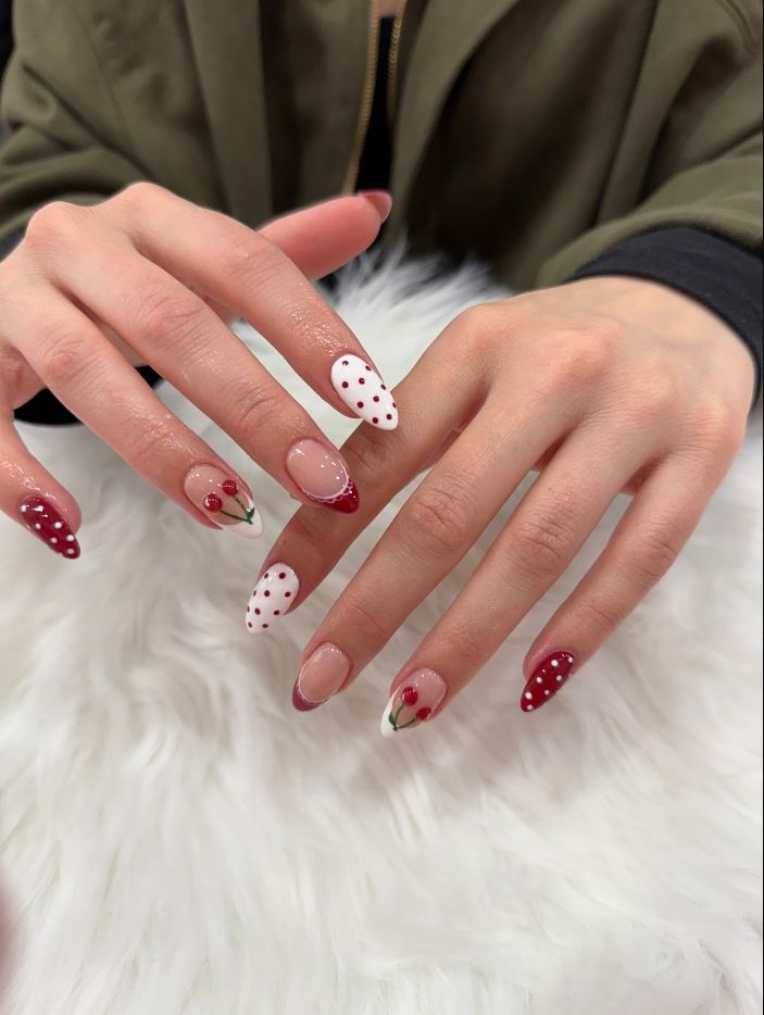 Red cherry and polka-dot nail art