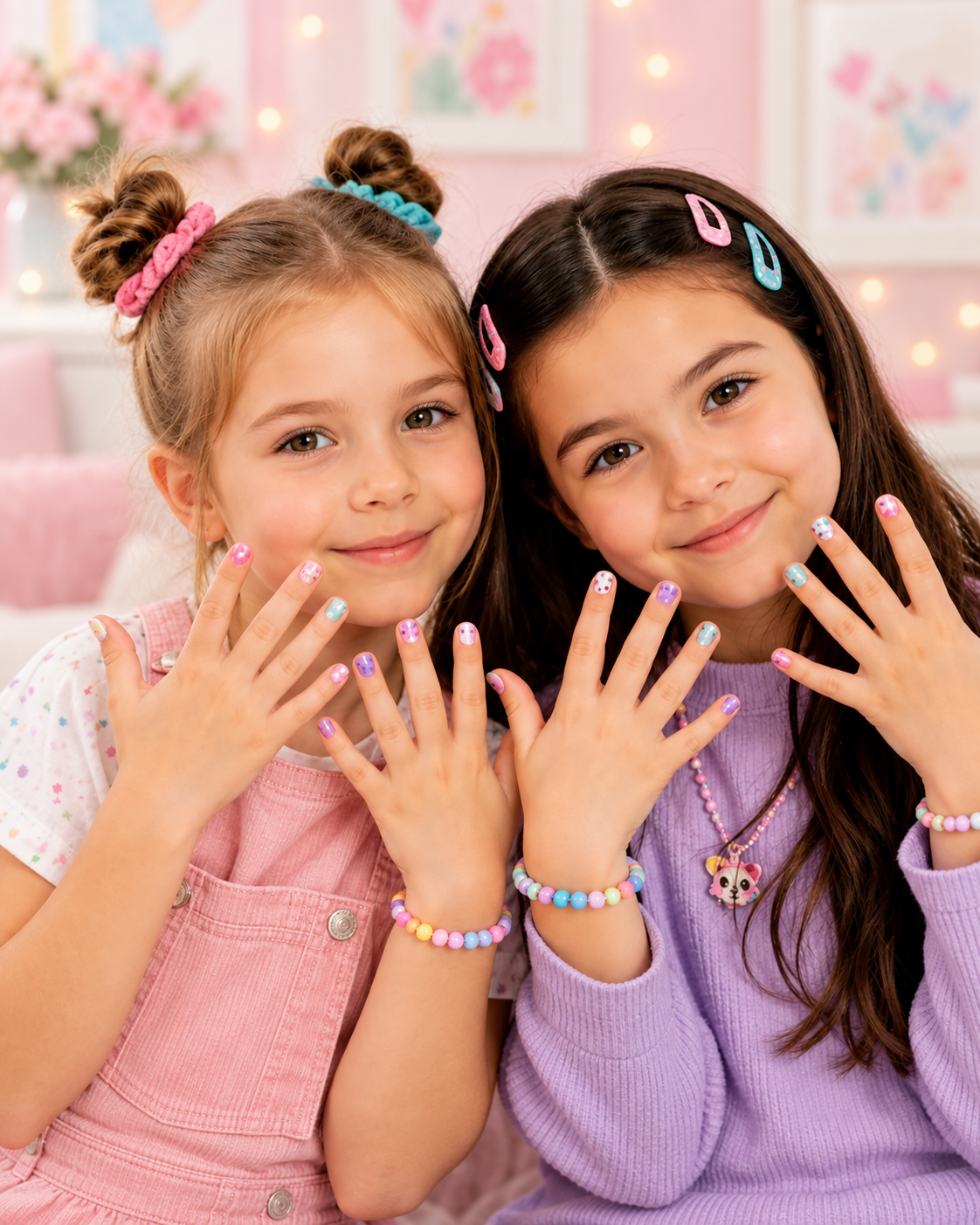 Two children showing colourful manicures