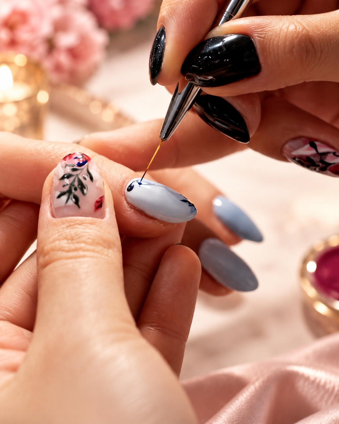 Nail artist painting a detailed design